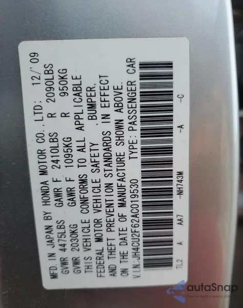 2010 Acura Tsx z USA, uszkodzony, nr VIN JH4CU2F62AC019530